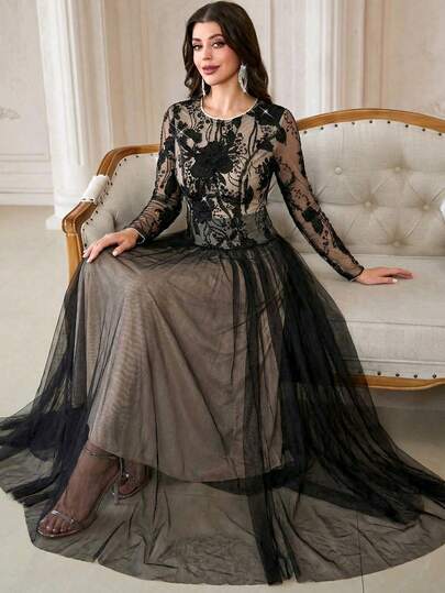 Women's Elegant Long Dress With Sheer Mesh, Floral Embroidery, And Sequin Accents, Suitable For Daily Wear, Parties, And Weddings
