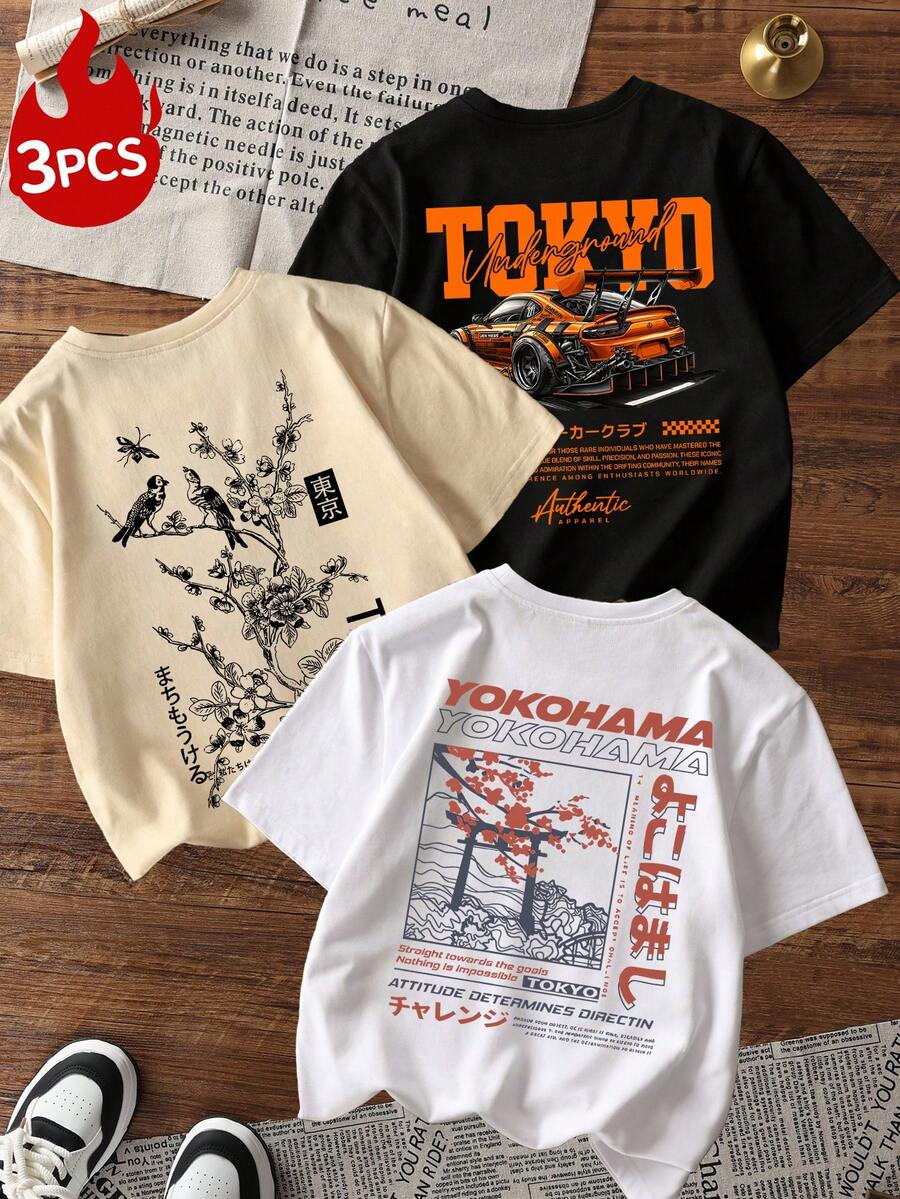 3件套女式日系东京赛车樱花花鸟印花透气吸湿宽松复古街头风短袖T恤，适合夏季滑板、派对和日常通勤休闲穿着。 - 彩色 - 查看 1