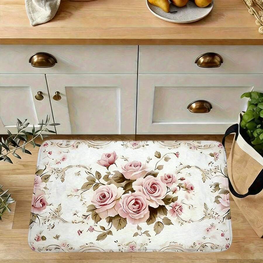 Vintage Pink Floral Pattern Non-Slip Bath Mat - Imitation Material Rectangular Floor Mat, Absorbent And Non-Slip, Suitable For Bedroom, Bathroom, Toilet, Kitchen Entrance, Etc. Home Decoration, Four Seasons Universal Mode, Not Only Is Suitable For The Festival Of Non-Slip Floor Mats, But Also As A Housewarming Gift Wedding Gift To Friends And Family As Well As Their Own Home, Rectangular Entrance Carpet For Indoor/Outdoor Use, Non Slip Backing, Bathroom Mat, Interior Decorative Door Mat, Decorative Floor Mat For Porch/Garden/Terrace, Suitable For Homes, Gardens, And Living Spaces, Ideal Gift For Loved Ones, Enhances Entryway, Living Room, Kitchen Decor, Valentines, Christmas Day, Halloween, Thanksgiving Day, Easter Day, Mother's Day, Father's Day, Back To School Season Decorations - 款式4 - 查看 1