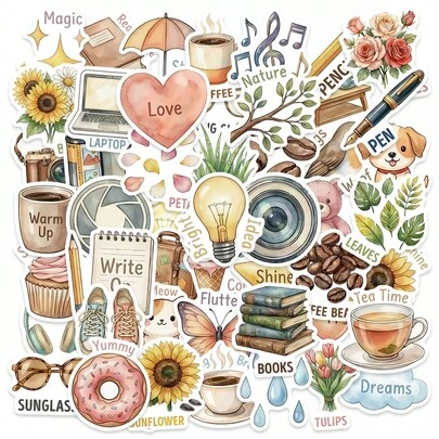 50张水彩日常贴纸 - 防水乙烯基贴纸，温馨的生活方式和爱好设计，适用于笔记本电脑、水瓶、行李箱和记事本，是喜爱美学、简约风格人士的理想之选，可为个人物品增添柔和温暖的气息，并为工作空间或阅读角落打造迷人的DIY装饰。