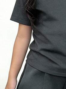 Young Girl Cartoon Print Round Neck Short Sleeve Top And Pants Set - Dark Grey - View 5