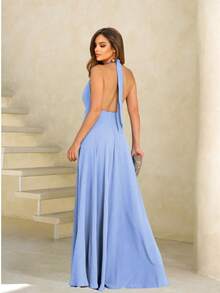 Yasmin Halter Neck Party Dress With Flowing Long Skirt, Formal Evening Party Dress With Tie Straps, Wedding, Graduation, NM Nana Marie - 淺藍色 - 查看 2