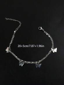 1 chiếc vòng chân và dây đeo môi hình bướm rỗng hai lớp tối giản bằng thép không gỉ dành cho nữ. - Bạc - Xem 2