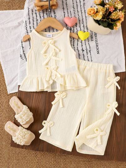 2pcs Baby Girls' Cute Solid Apricot Cardigan Vest + Pants Set, Minimalist