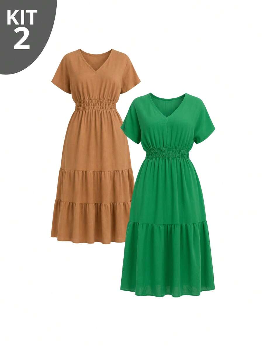Set Of 2 Women's Midi Dresses With V-Neck, Ruffled Hem, And Modern Casual Style - Gạch/Xanh lá cây - Xem 1