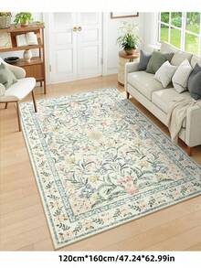 1件波西米亚现代巴黎花园花卉地毯，适用于客厅；防滑锈红色印花复古农舍地毯，适用于卧室、餐厅、宿舍、办公室、家居装饰 - 橄欖綠 - 查看 6