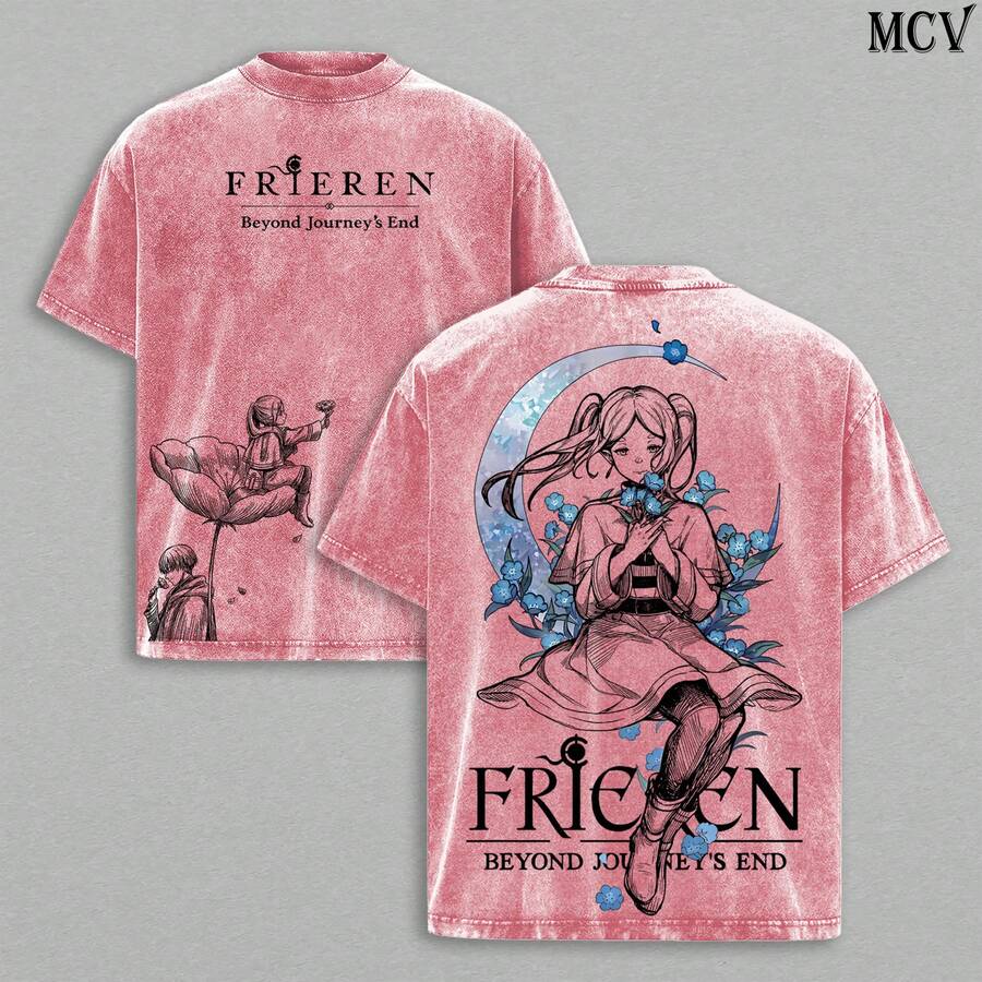 Super Value Hot  Washed T-Shirt Frieren Beyond Journey's End Tee & Hoodie Washed, Vintage Washed Heavy Cotton Oversized Anime Manga Hoodie T-Shirt Set, Retro Unisex Streetwear Graphic Top, Fantasy Healing Journey Edition, Japanese Anime Merch Suitable As A Gift For Fans SF0088 - Hồng - Xem 1