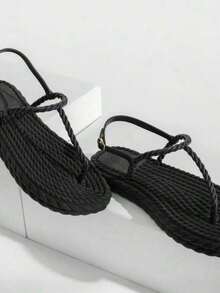 Braided Flip-Flops With Straps, Two-Strap Platform Sandals, Comfortable Sandals For Carnival. - 黑色辮子 - 查看 2