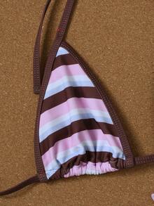 Conjunto de bikini a rayas rosa y morado para mujer, estilo sensual de vacaciones, traje de baño de 2 piezas, atuendo de playa de verano 2026, vestido de cumpleaños para mujer, ropa deportiva para mujer, vestido elegante para mujer, ropa de vacaciones para mujer, blusa casual para mujer - Multicolor - Ver 4