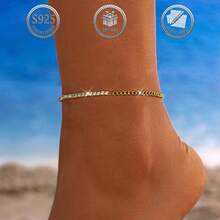 1 pieza Elegante pulsera de doble cadena de plata de ley 925, adecuada para uso diario, fiesta, vacaciones, citas, regalo - Dorado - Ver 7