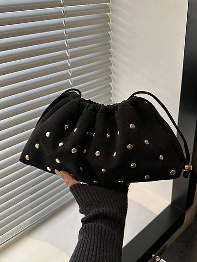 Vintage Rivet Pleated Cloud Handbag, Sweet Motorcycle Style Drawstring Bag, American Fashion Evening Clutch Purse For Women