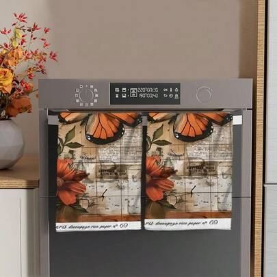 2/4/48pcs Vintage Style Imitation Milky White Paper Texture, Overlaid With Monarch Butterfly, Vermilion Floral And Deep Green Leaf Pattern Print Kitchen Towels - Super Soft, Highly Absorbent Polyester Dish Towels And Hand Towels, Ideal For Holiday Decor, New Year Gifts, Kitchen Decor, Party Decoration.