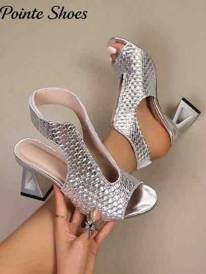 Sandale de vară pentru femei, țesute, cu vârful deschis, cu vârful rotund, cu toc gros și scobit în gol, de tip francez