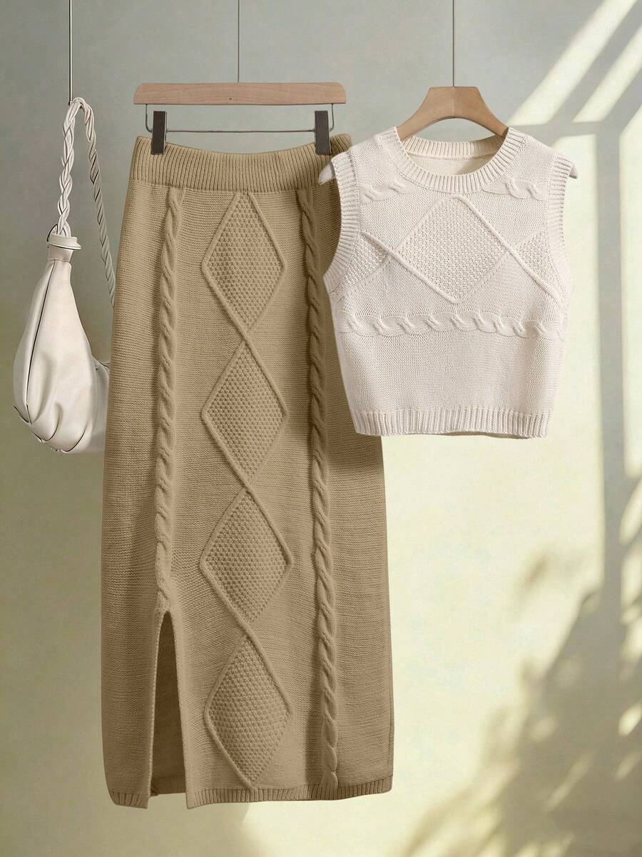 女士优雅针织无袖上衣+半裙两件套，休闲通勤办公日常度假海滩装，春夏款 - 彩色 - 查看 1