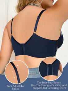 mimilemon Plus Size Women Navy Blue Floral Embroidery Supportive Bra - Comfortable Loose Hem Support - Blue - View 3