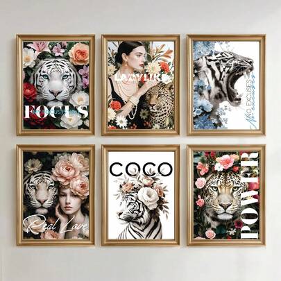 6PCS Fashion Animal Enthusiast Canvas Posters. Elegant Style Wall Art, Featuring Patterns Of Women, Tigers, And Flowers. Very Suitable For Wall Decoration In Bedrooms, Living Rooms, Bathrooms, Dining Rooms, And Office Corridors. Home Decoration And Mural Art! Interior Decoration. Exquisite Room Decoration, Optional Frame