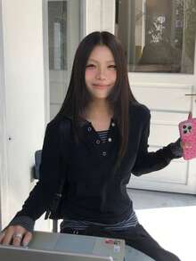 Collegiate Striped Patchwork Design 2 In 1 Button Hoodie Top - Black - View 1