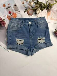 夏季狂野时尚女士豹纹印花牛仔短裤，带贴花口袋 - 藍色 - 查看 5