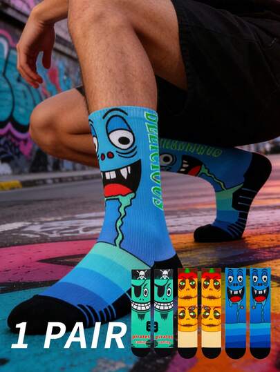 1 par de calcetines de media caña de estilo callejero para hombres, serie de fantasmas de dibujos animados, calcetines adecuados para parejas, tela cómoda, patrón pintado a mano y versátil, moda punk, libertad individual, Bad Bunny, adecuado para uso diario al aire libre