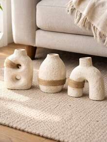 1pc/3pcs Set Vintage Nordic Style Rope Textured Vase, Cream Color, Suitable For Living Room, Bedroom, Balcony Decor - one-size - View 4