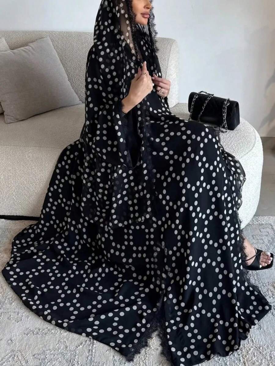 Khăn trùm đầu Hijab/áo choàng dài tay có túi/áo khoác ngoài dài tay/Abaya dành cho nữ, phối ren hoa chấm bi đen tương phản, kiểu dáng thanh lịch Châu Âu, Mỹ, Thổ Nhĩ Kỳ, Trung Đông. - màu đen - Xem 1