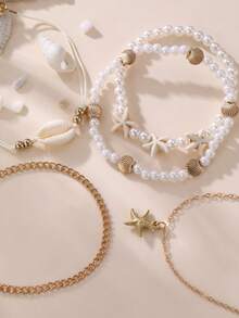 Set de 5 piezas de tobillera con estrella de mar, concha y perlas falsas de la serie Ocean Beach, estilo de vacaciones para mujeres - Multicolor - Ver 3