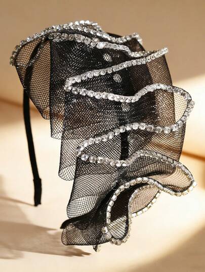 1pc Shiny Rhinestone Headband, Fashionable Black Multi-Layer Mesh Wide Headband, Suitable For Brides, Weddings, Festivals, Parties, Gifts, Casual & Work Wear