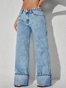 Low Waist Wide Leg Casual Blue Slant Pocket Curved Women Jeans - Baby Blue - View 1