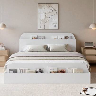 Modern Low-Profile Platform Bed Frame, Wooden Beds With Storage Headboard And Raised-Foodboard, Sturdy Wooden Slats Support, No Box Spring Needed, For Bedroom, Kids Room