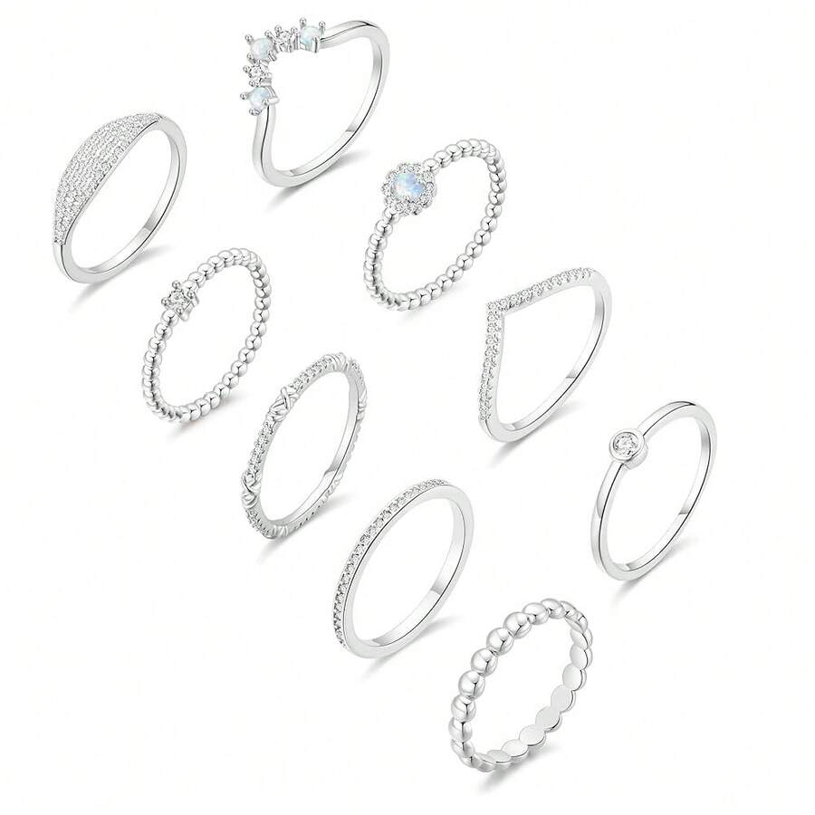 14K Silver Plate StacFKing Rings Set For Women V Opal Flower CZ Rings Simple Thumb Thin Stackable Rings Silver Statement Rings Plain Band Size 4-11 - SilverTone - View 1
