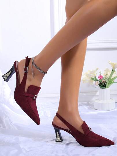 2026 Nuevos tacones altos de sandalia con puntera puntiaguda de gamuza y hebilla con rhinestones, elegantes y cómodos tacones con baño de rodio y rhinestones para uso diario y de noche