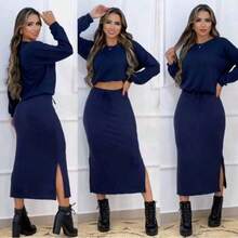 Conjunto Feminino Lanzinha Inverno Blusa Croppe e Saia Midi com Fendas Laterais - Azul marinho - Visão 1