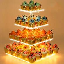 Cupcake Stand With Lights, 4Tier/5 Tier Cupcake Holder, Cupcake Tier Stand For 52/64 Cupcakes, Acrylic Dessert Table Display Set For Weddings, Clear Square Dessert Treat Display For Birthday Cady Bar, Party, Graduation - 4 Tier With Light Strip - View 5