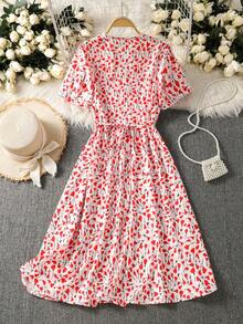 女士夏季印花蕾丝边V领短袖优雅度假连衣裙 - 紅色 - 查看 2