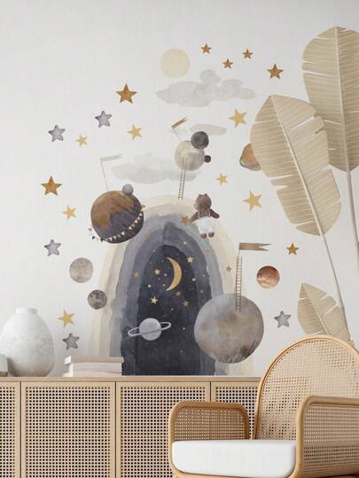 1张太空星球月亮熊黑洞墙贴，可移除墙面装饰，适用于卧室、客厅