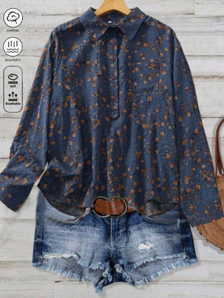 Blusa de cardigan con cuello polo versátil de manga larga con estampado floral diminuto para mujer de talla grande, ideal para vacaciones de primavera - Azul - Ver 1