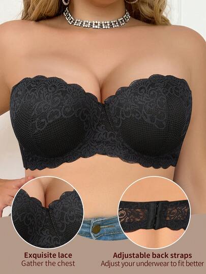 Women's Plus Size Black Lace Strapless Bra - Push Up, Breathable & Comfortable, Vacation Resort Wear