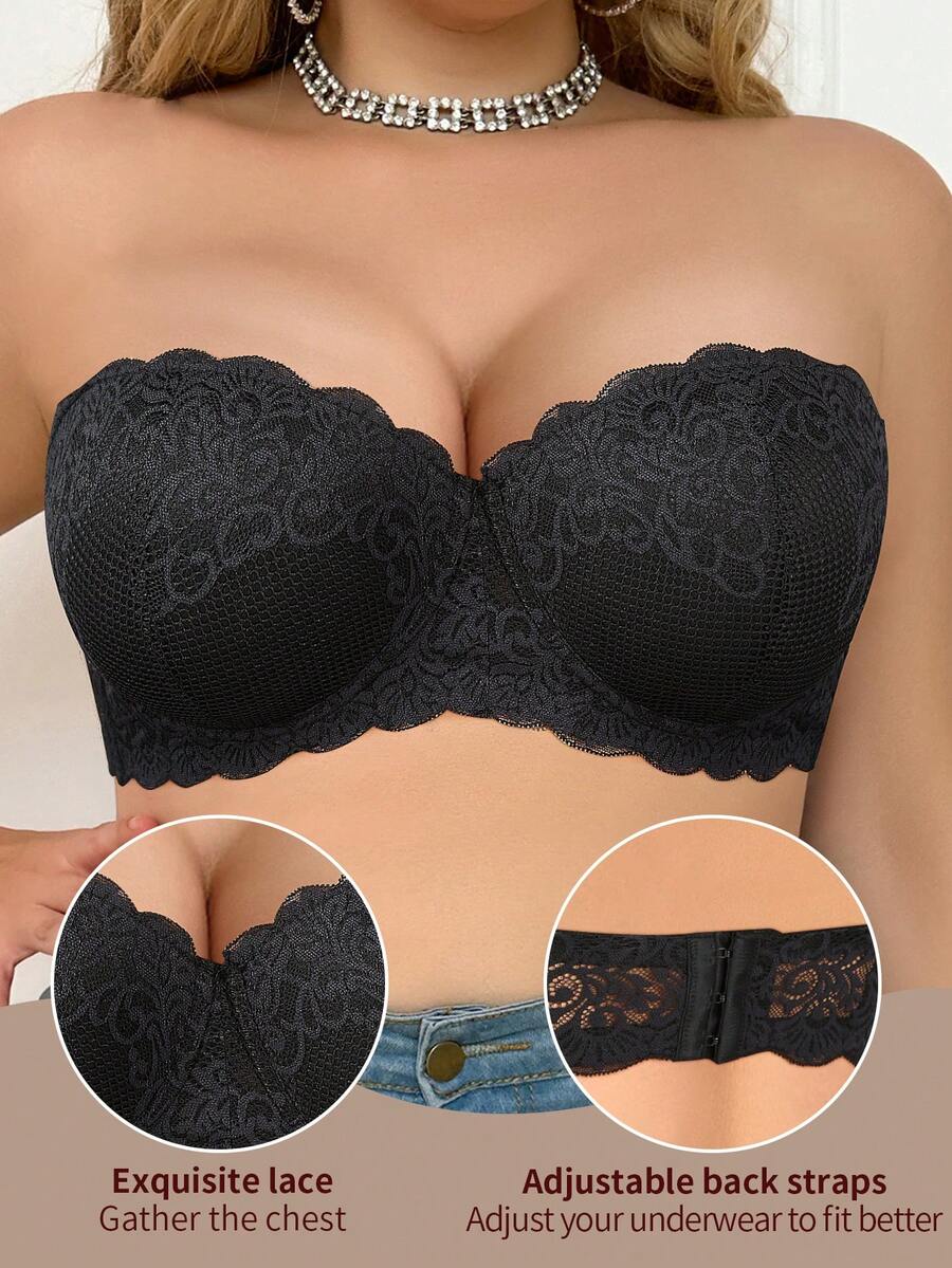 Women's Plus Size Black Lace Strapless Bra - Push Up, Breathable & Comfortable, Vacation Resort Wear