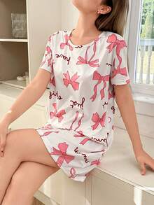 Robe décontractée ample avec nœud et imprimé lettres, légère. Convient pour le printemps/été, peut être portée à l'extérieur - Blanc - Voir 6