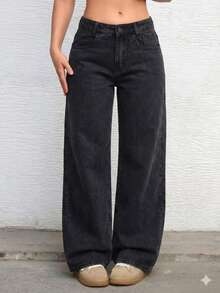 Women's Black Wide Leg Jeans, Loose Fit, Casual Chic Style - Black - View 1