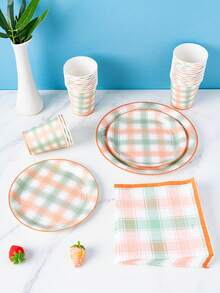 Yellow & Green Checkered Disposable Plates, Napkins, Cups - One-Time Party Supplies Set, Suitable For 8 Guests, Disposable Paper Plates Party Tableware For Birthday, Wedding, Theme Party, Family Picnic - Multicolor - View 4