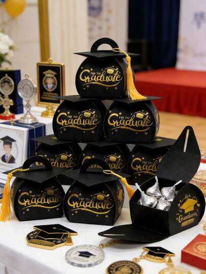 Set de 12 cajas de regalo con forma de birrete de graduación, decoración para graduación 2026, cajas de dulces con borla, recuerdos para fiesta de graduación 2026, suministros para fiesta de graduación de adultos, DIY para fiesta de graduación 2026 (negro, dorado)