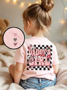 Baby Girls Plaid Graffiti & Letter Print Cute Girl Graphic Round Neck Short Sleeve Top - Pink - View 3