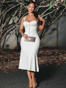 2026 New Women's Clothing Temperament Elegant Suspender Solid Color Fishtail Skirt Slim And Thin One-Word Collar Long Dress - 白色 - 查看 4