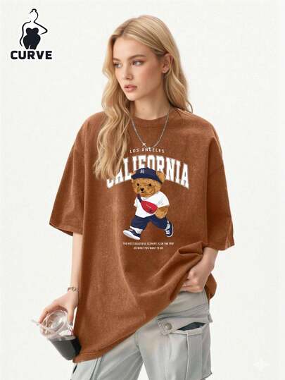 大码女式圆领字母和熊印花休闲百搭日常短袖T恤