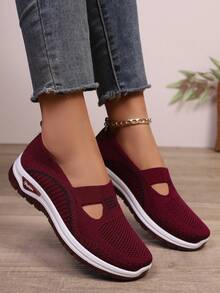 Sapatos Casuais Confortáveis e Respiráveis para Caminhada Plus Size Feminino, Design Minimalista de Biqueira Redonda e Slip-On, Adequado para Uso Diário, Doméstico, Externo, Caminhada, Escritório - Vermelho - Visão 3