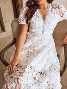 Simplee Women's Spring/Summer New Delicate 3D Embroidered V-Neck White Puff Sleeve Pearl Trim A-Line Dress, Suitable For Party, Date, Birthday, Wedding - White - View 2