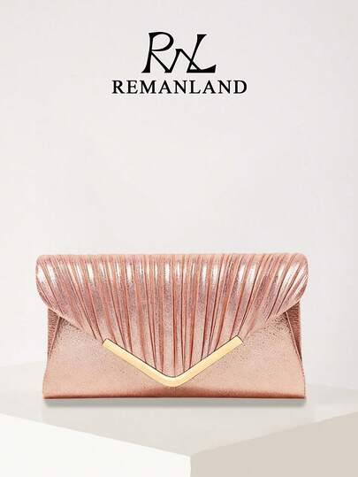 REMANLAND Luxurious And Elegant Pink Clutch With Radiant Pleated Texture, Featuring A Chic Gold V-Shaped Accent And Minimalist Flap. A Stunning Companion For Elegant Dinners