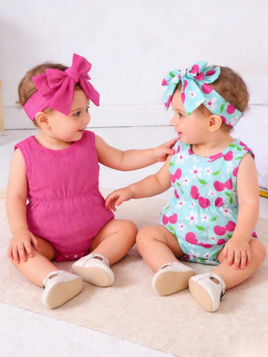 4件套女婴春夏款玫红色条纹连体衣，樱桃印花连体衣配同款发带 - 玫瑰紅 - 查看 1