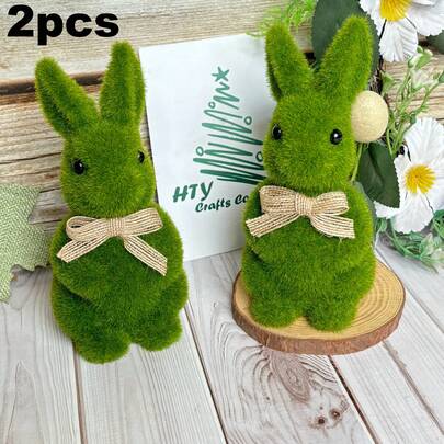 2pcs/Set Gardening Rabbits, Spring/Easter Decor, Classic Flocked Gardening Rabbits 17cm(6.6"), Green Easter Rabbit Statues, Outdoor Moss Rabbit Statues, Holiday Garden Yard Home Party Decorations